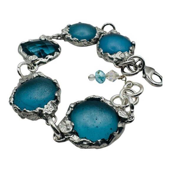 Artisan Crafted Sea Glass Cabochons Bracelet & Faceted Crystal Accent 9.5" - Picture 5 of 12
